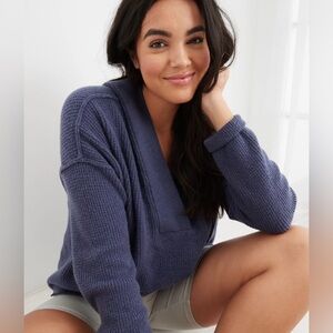 Aerie CozyUp Waffle Button Cream V-Neck Oversized Sweater Women’s Size Medium